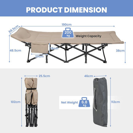 Folding Camping Cot with Carry Bag Cushion and Headrest-khaki