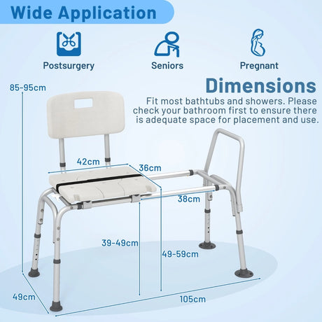 Sliding Tub Transfer Bench Adjustable Inside Bathtub Chair with Safety Belt