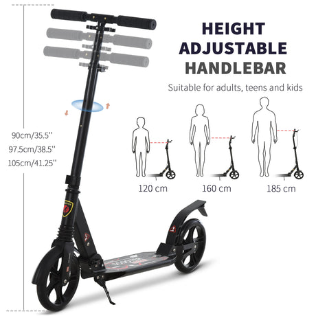 HOMCOM Folding Kick Scooter, Adjustable Ride On Scooter with 200mm Big Wheels and Double Shock Absorption, Urban Scooter for 14+ Teens Adult, Black