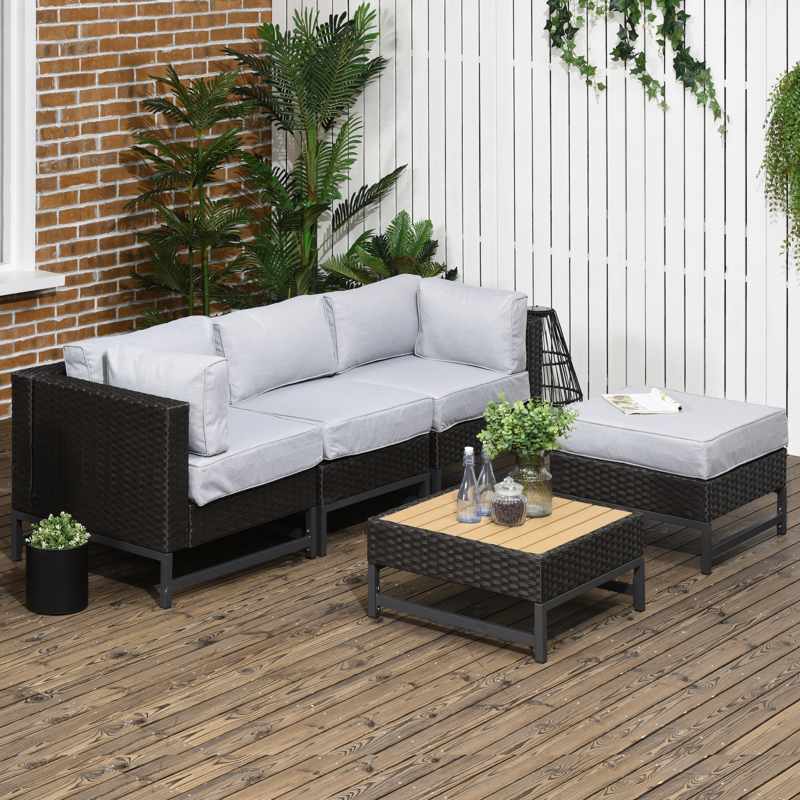 Outsunny 5 Piece Outdoor PE Rattan Corner Sofa Set with Cushions, Wicker Rattan Garden Furniture  with Wood-Effect Top Table, Brown