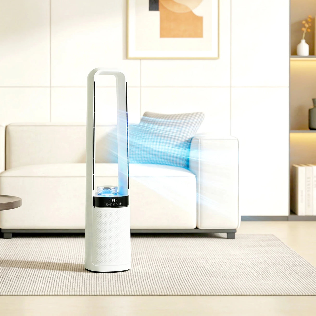 HOMCOM Bladeless Tower Fan, 36dB Standing Cooling Fan with Oscillating, LED Lights, 3 Speeds, 12H Timer, Remote Control
