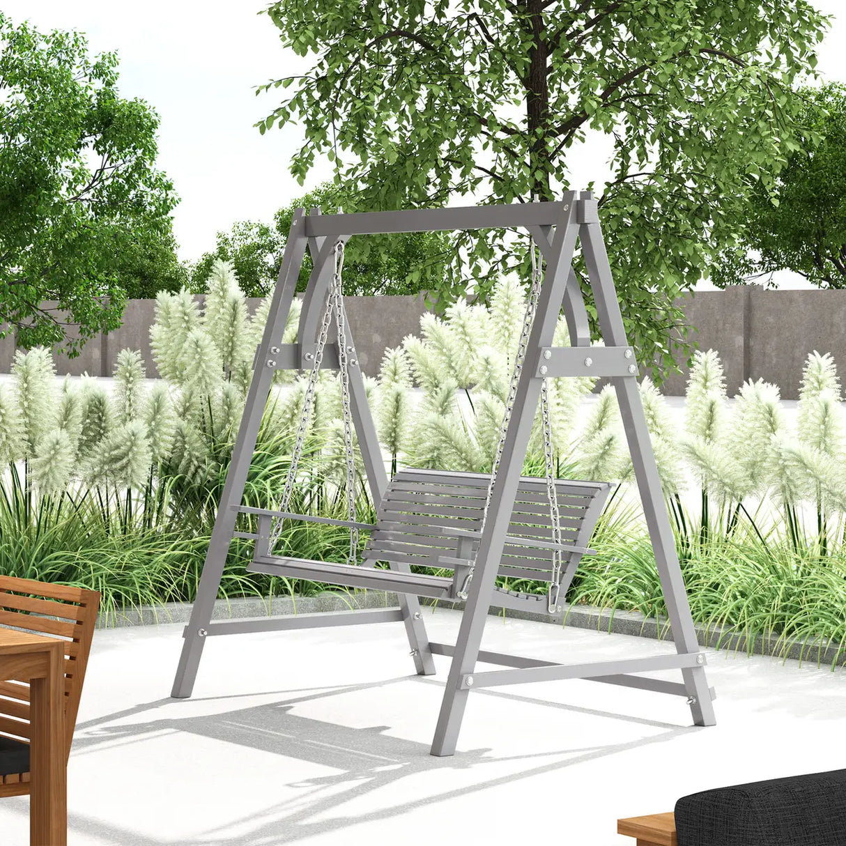 Outsunny 2 Seater Garden Swing Seat, Wooden Swing Chair Bench with Cup Holders for Outdoor Porch Patio, Grey