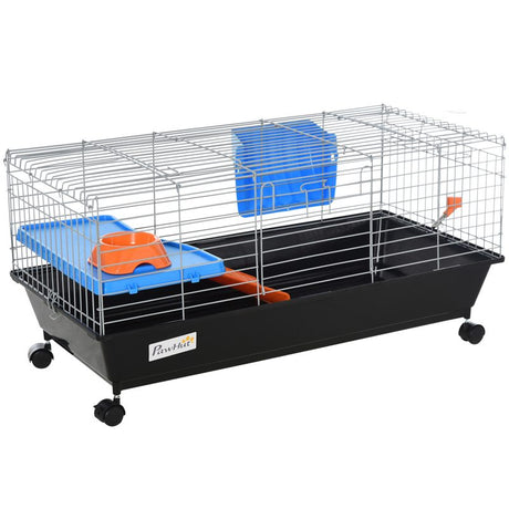 PawHut Small Animal Cage Rabbit Guinea Pigs Chinchillas Cage w/ Wheels Water Bottle Food Dish Platform Ramp 89 x 44 x 43 cm Black