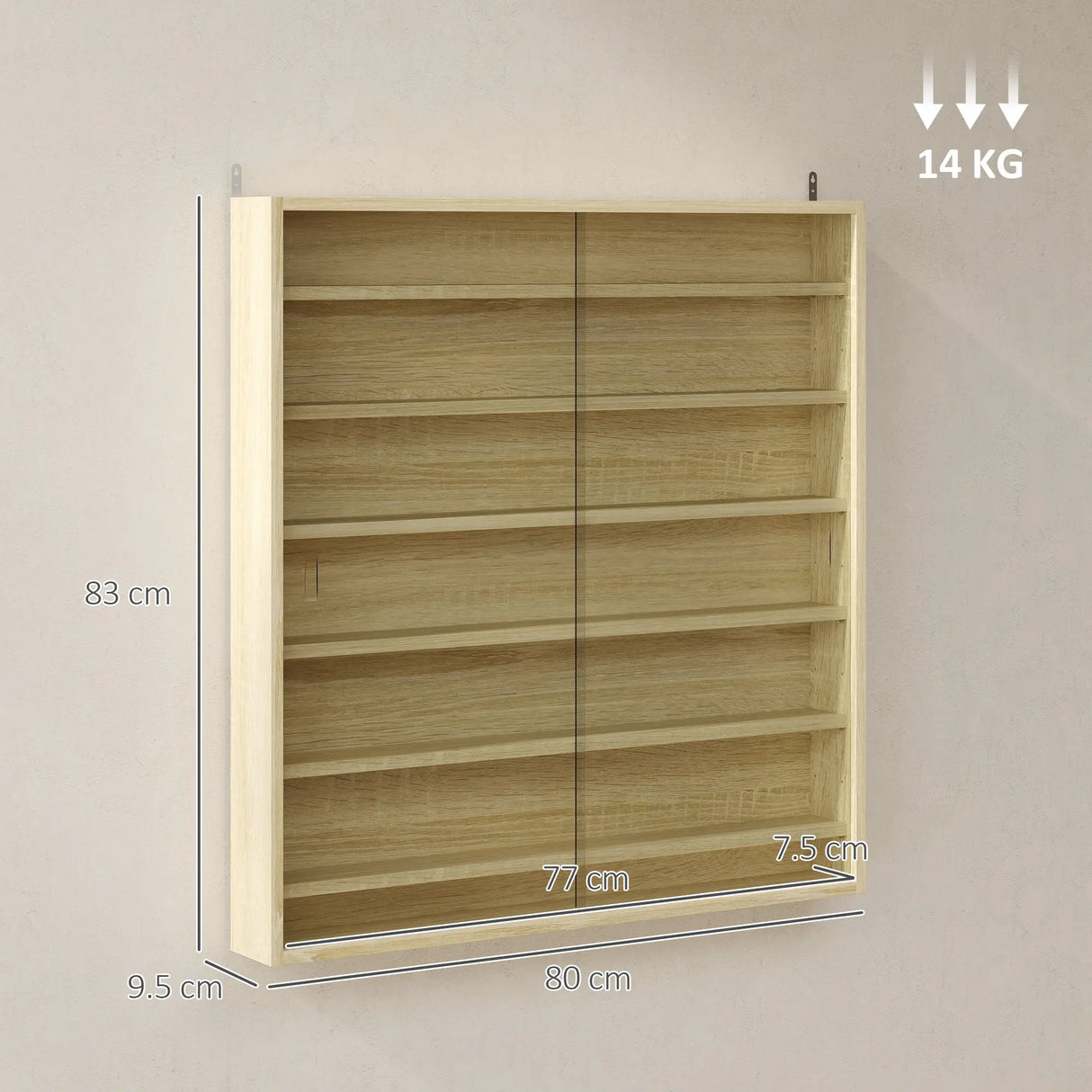 HOMCOM Six Shelf Display Cabinet, with Glass Doors - Oak
