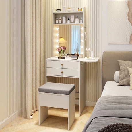 Small Makeup Vanity Desk with Mirror and Lights with Charging Station-White