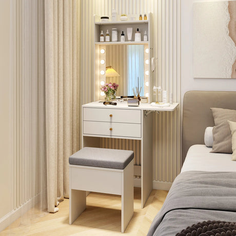 Small Makeup Vanity Desk with Mirror and Lights with Charging Station-White
