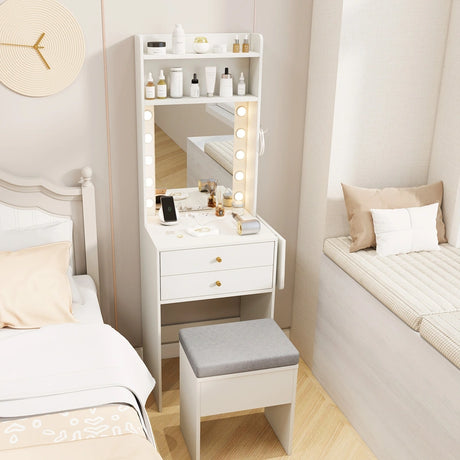 Small Makeup Vanity Desk with Mirror and Lights with Charging Station-White