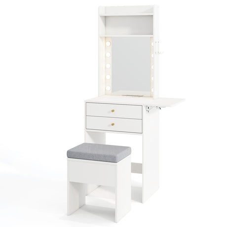 Small Makeup Vanity Desk with Mirror and Lights with Charging Station-White