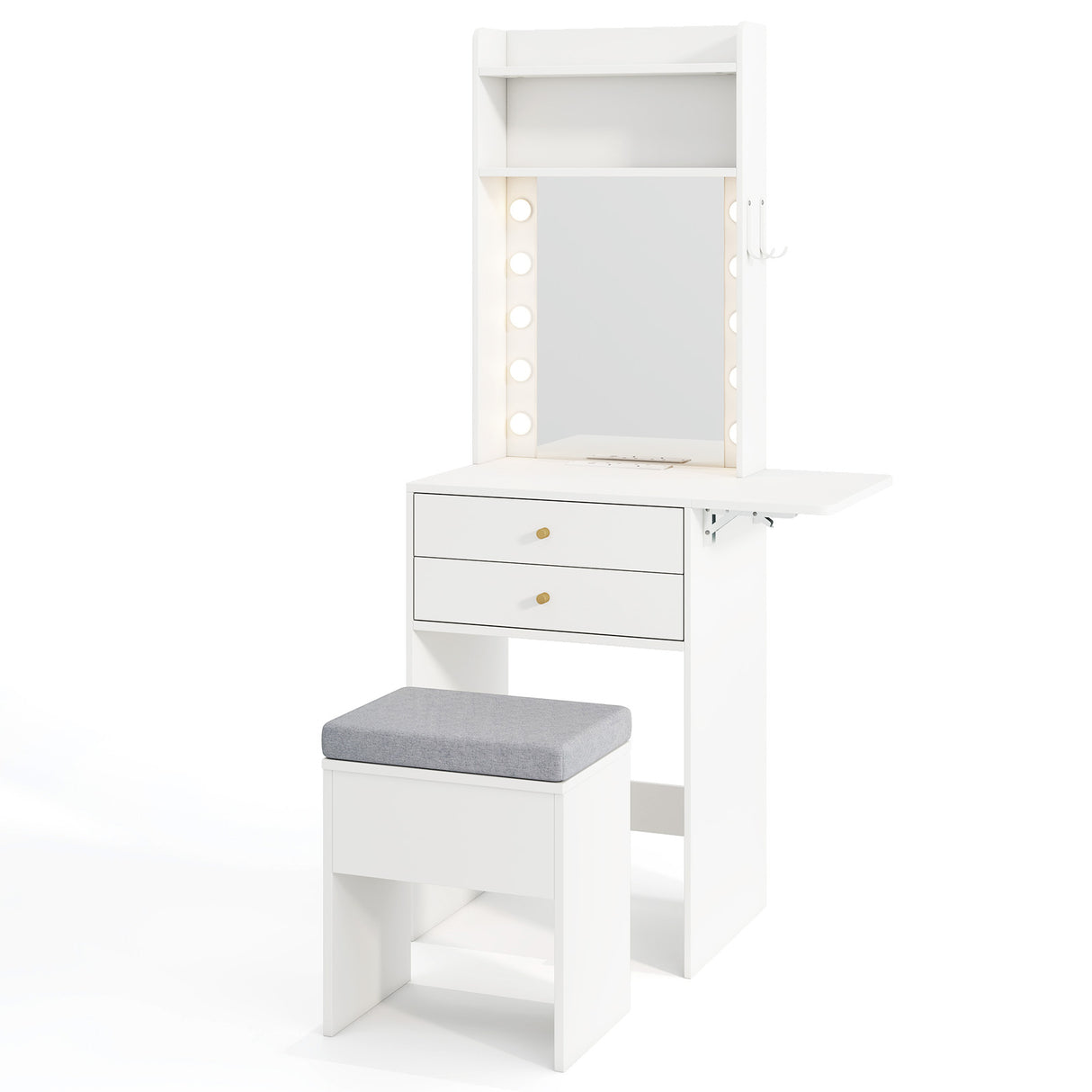 Small Makeup Vanity Desk with Mirror and Lights with Charging Station-White