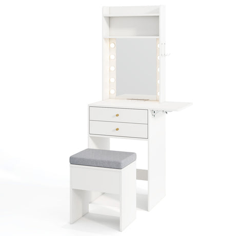 Small Makeup Vanity Desk with Mirror and Lights with Charging Station-White