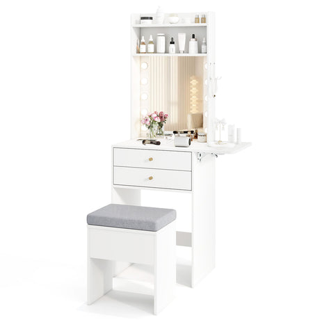 Small Makeup Vanity Desk with Mirror and Lights with Charging Station-White