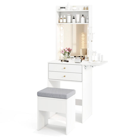 Small Makeup Vanity Desk with Mirror and Lights with Charging Station-White