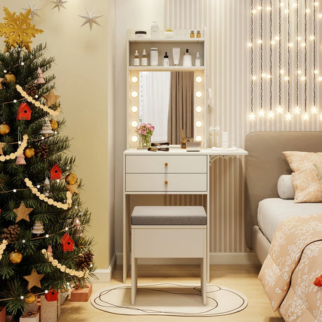 Small Makeup Vanity Desk with Mirror and Lights with Charging Station-White