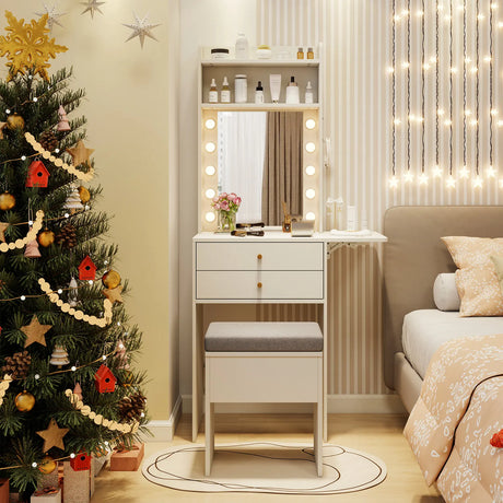 Small Makeup Vanity Desk with Mirror and Lights with Charging Station-White