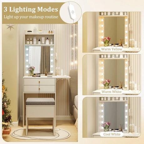 Small Makeup Vanity Desk with Mirror and Lights with Charging Station-White