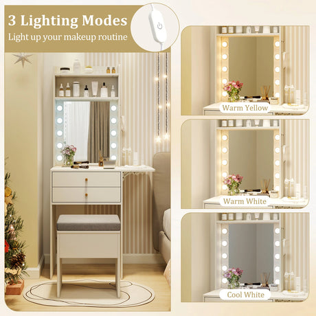Small Makeup Vanity Desk with Mirror and Lights with Charging Station-White