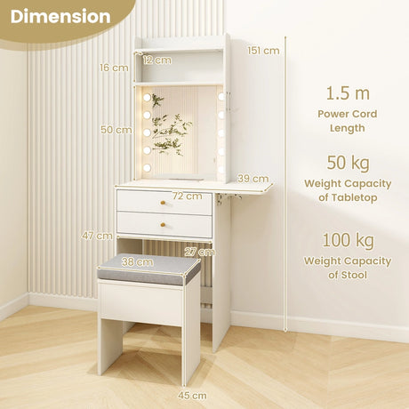 Small Makeup Vanity Desk with Mirror and Lights with Charging Station-White