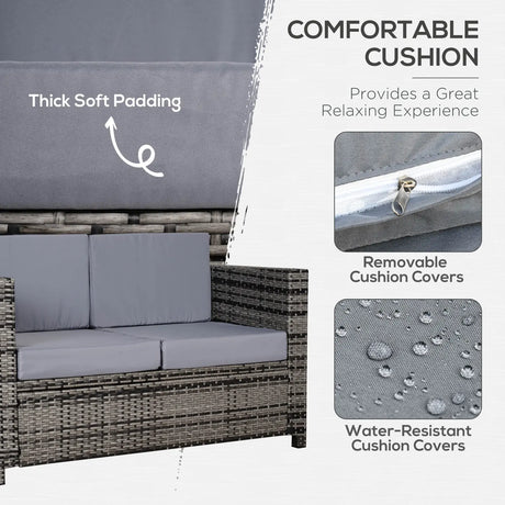 Outsunny Rattan Sofa, 2 Seater Garden Furniture with Soft Padded Cushion and Armrests, Wicker Garden Loveseat for Patio, Mixed Grey