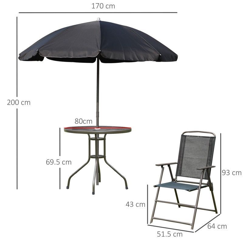 Outsunny 6 Piece Garden Dining Set with Umbrella, Patio Sets with Parasol with 4 Folding Dining Chairs & Round Tempered Glass Table, Black