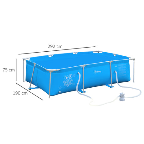 Outsunny Steel Frame Pool with Filter Pump, Filter Cartridge, Reinforced Sidewalls Rust Resistant Above Ground Swimming Pool 292 x 190 x 75cm, Blue