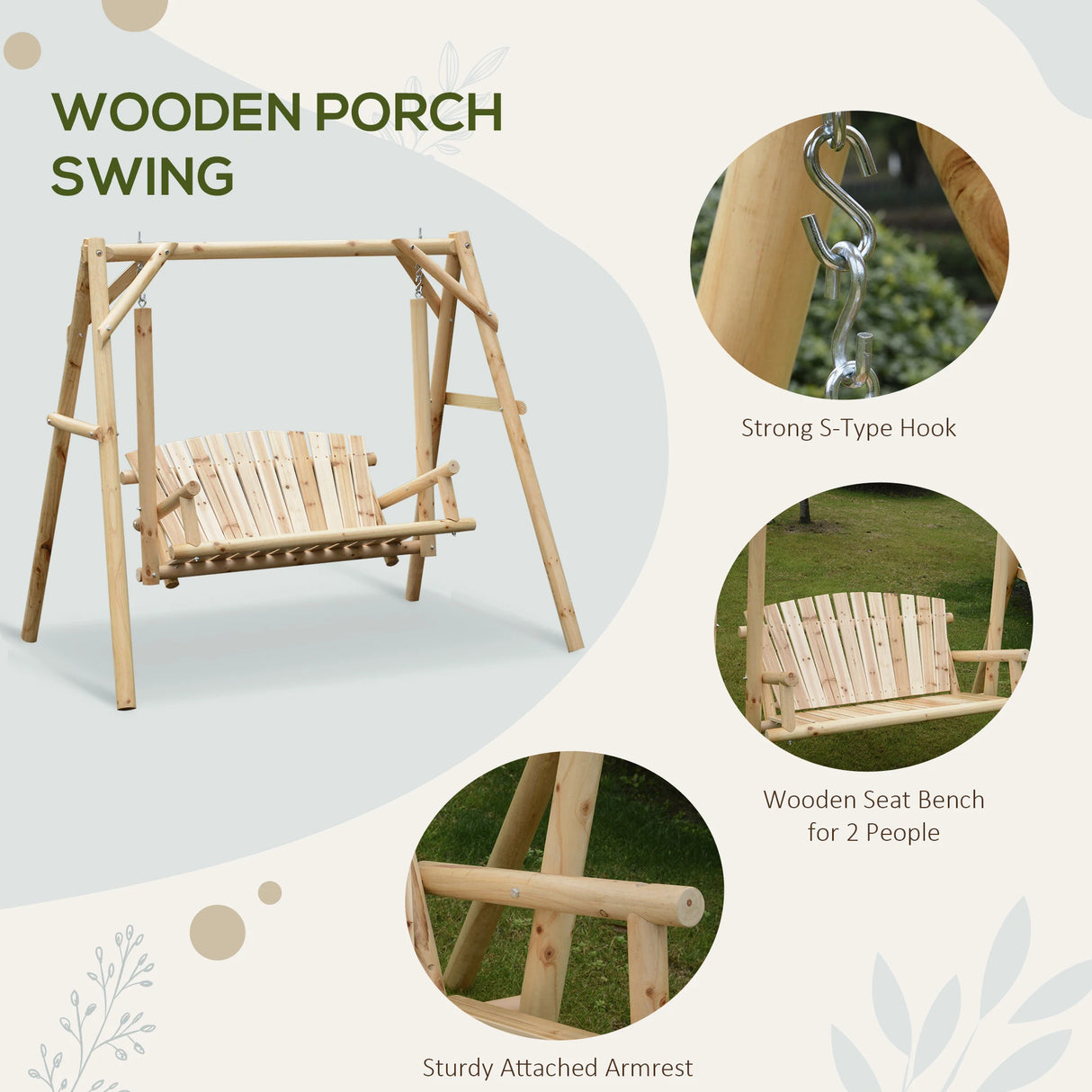 Outsunny Outdoor 2 Seater Swing Chair Larch Wood Garden Swing Seat Porch Hammock Bench Lounger