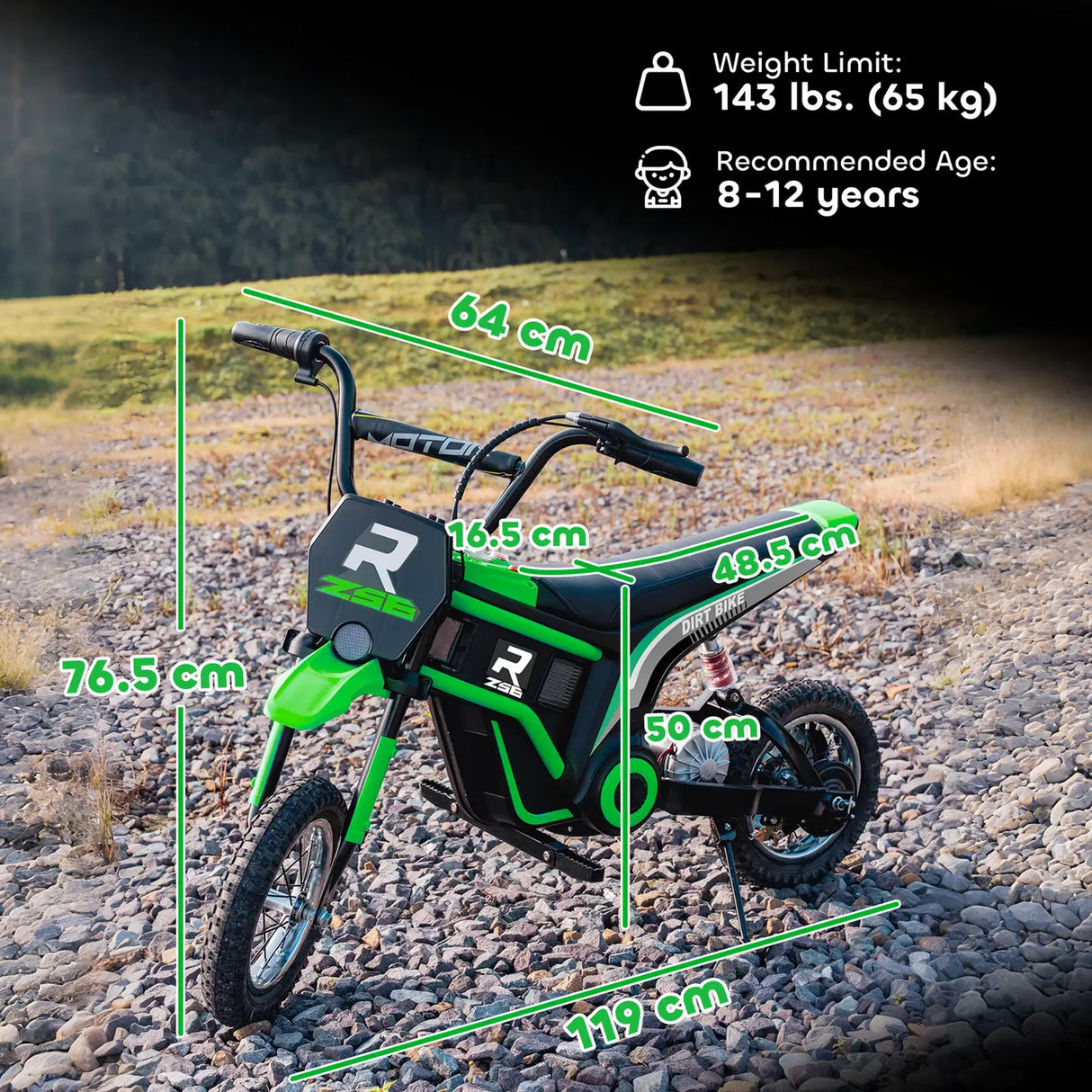 HOMCOM 24V Electric Motorbike with Twist Grip Throttle, Music, Horn, 12" Pneumatic Tyres, 16km/h Max Speed - Green