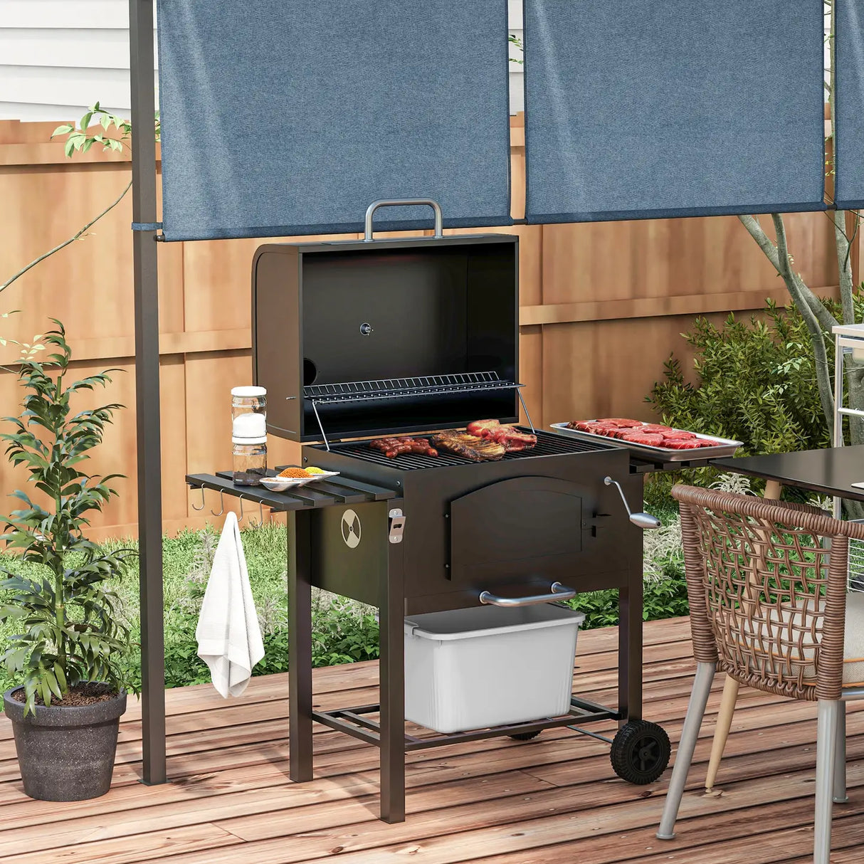 Outsunny 3-in-1 Charcoal BBQ, with Shelves - Black
