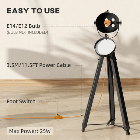 HOMCOM Industrial Tripod Floor Lamp, Nautical Searchlight with Adjustable Height, Wood Legs, E14 Lamp Base for Living Room, Bedroom, Black
