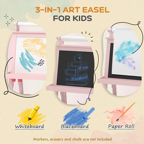 AIYAPLAY 3 in 1 Kids Easel Double-Sided Magnetic Whiteboard and Chalkboard with Paper Roll, Storage Baskets - Pink