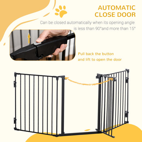 PawHut Pet Safety Gate, 3 Panels Playpen Fireplace, Foldable Metal Fence, Stair Barrier, Room Divider, Fire Guard w/ Automatic Closing Door, Black