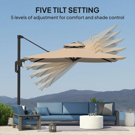 Outsunny 3.7 x 2.7 m Cantilever Parasol w/360 Rotation and Easy Tilt Adjustment, Aluminium Hanging Offset Outdoor Umbrella w/Double Top, Cross Base, UPF50+ Hanging Sun Shade, Black Pole