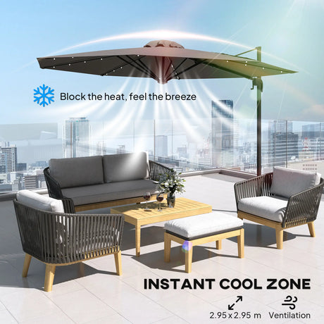 Outsunny 3(m) Cantilever Roma Parasol Patio Sun Umbrella with Crank & Tilt LED Solar Light Cross Base 360 Rotating Outdoor, Dark Grey
