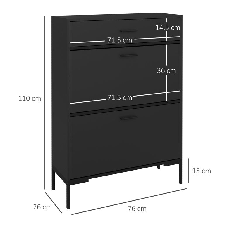 HOMCOM Three Drawer Slim Shoe Storage Cabinet, 12 Shoe Pairs - Black