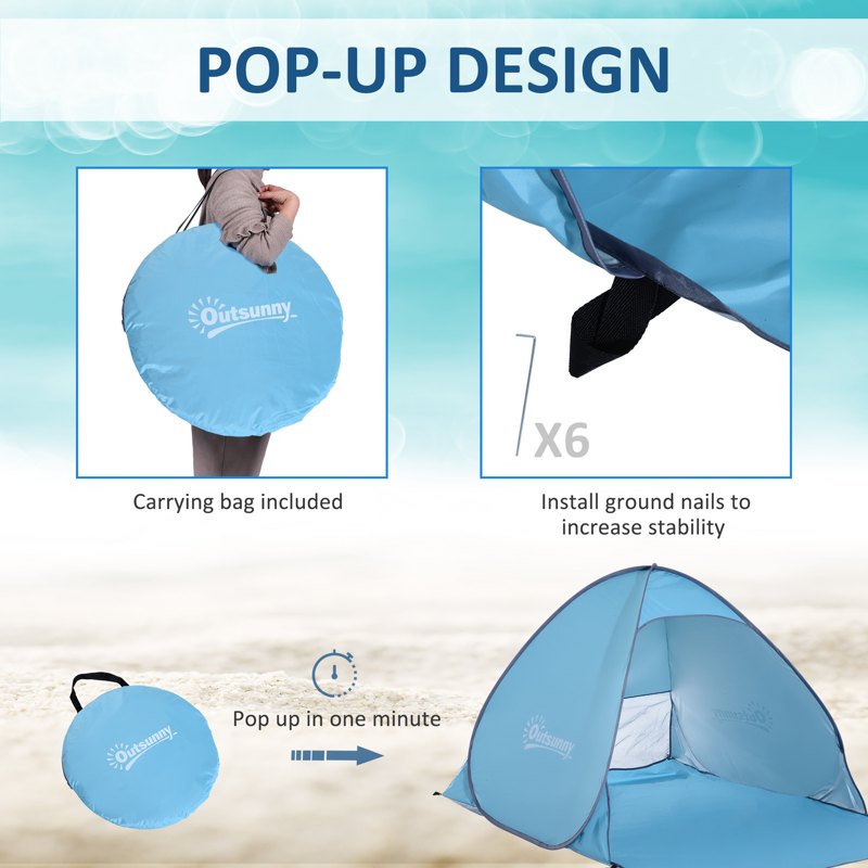 Outsunny 2-3 Person Pop up Beach Tent Hiking UV 30+ Protection Patio Sun Shelter (Blue)