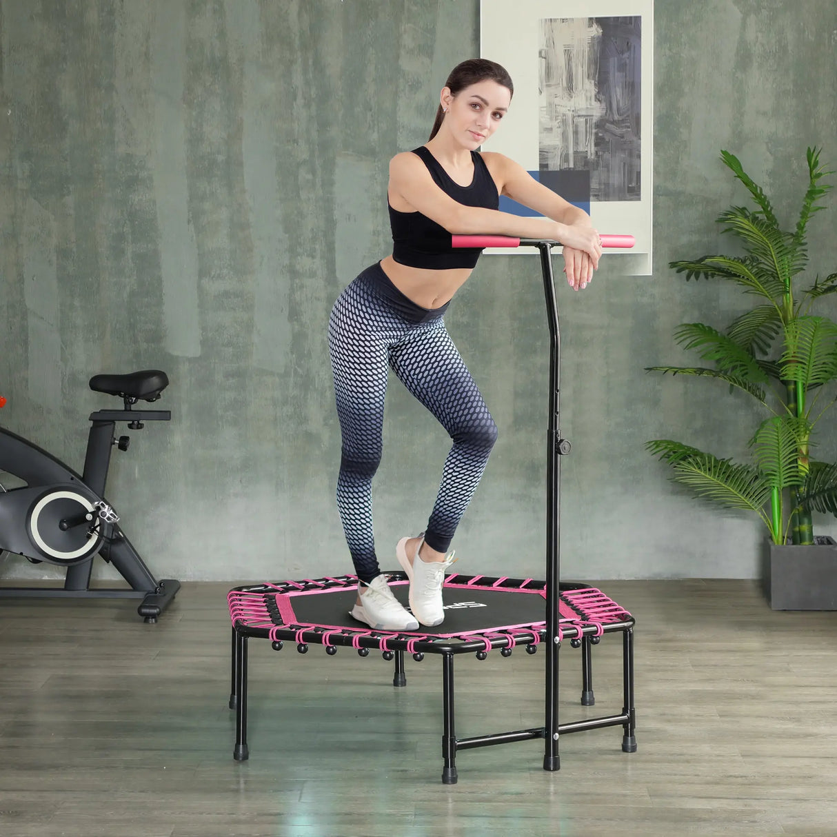 SPORTNOW 45" Rebounder Trampoline for Adults, Quiet Bungee Rebounder with LED Lights and Adjustable Handle, Pink