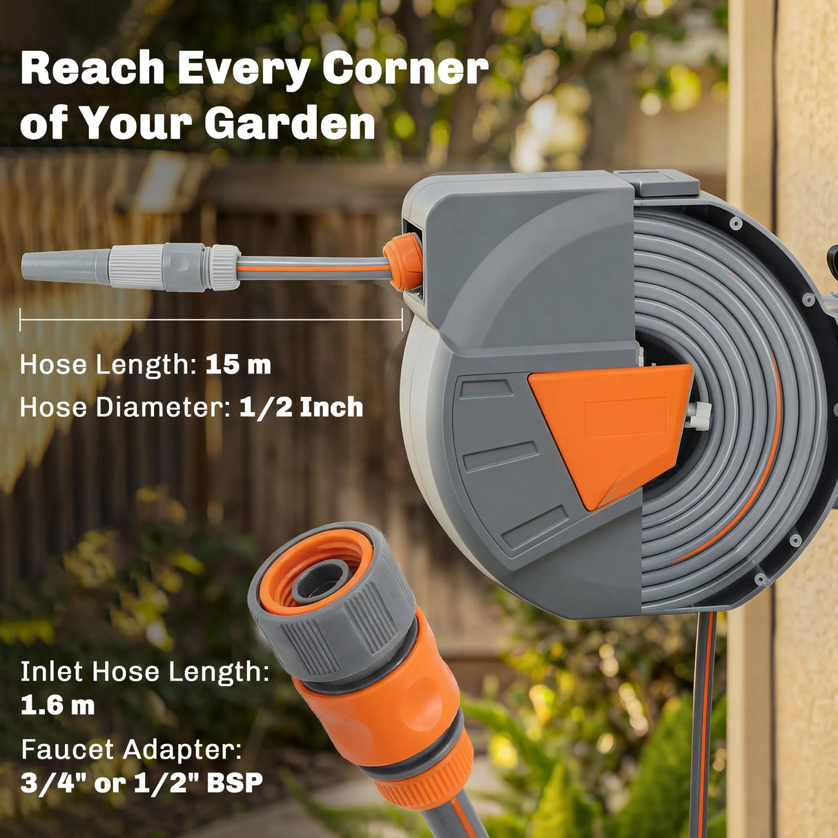 Outsunny Retractable Hose Reel Wall Mounted, 15+1.6m Garden Hose Pipe Reel with Auto Retraction, Self-Locking, Orange