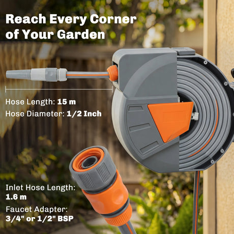 Outsunny Retractable Hose Reel Wall Mounted, 15+1.6m Garden Hose Pipe Reel with Auto Retraction, Self-Locking, Orange