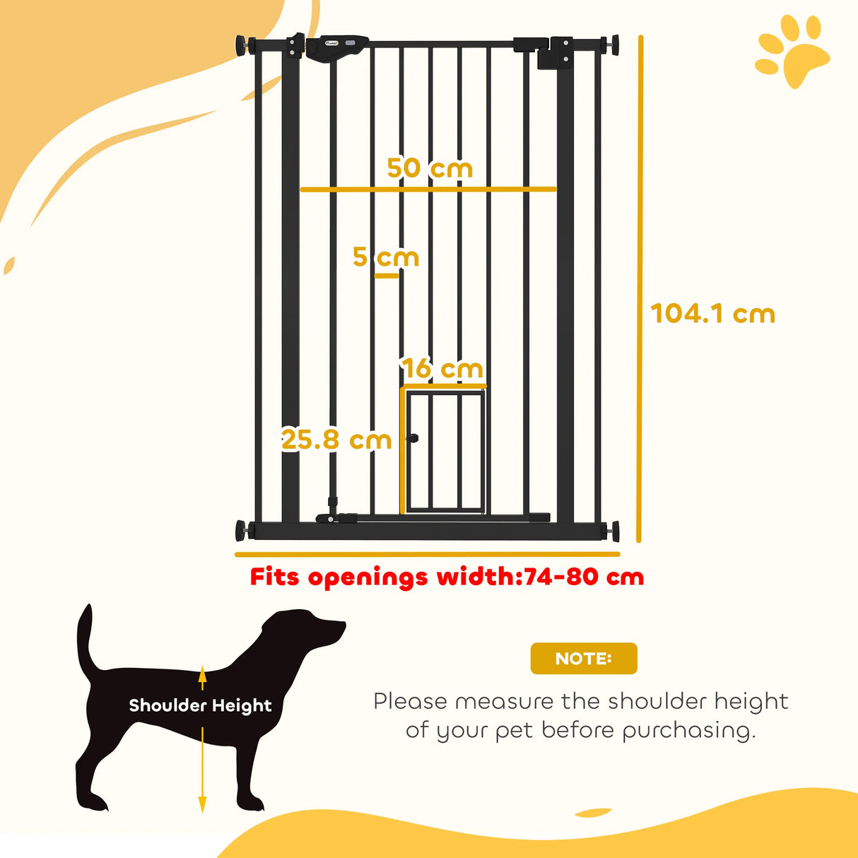 PawHut Extra Tall Pet Gate, Indoor Dog Safety Gate, with Cat Flap, Auto Close, 74-80cm Wide - Black