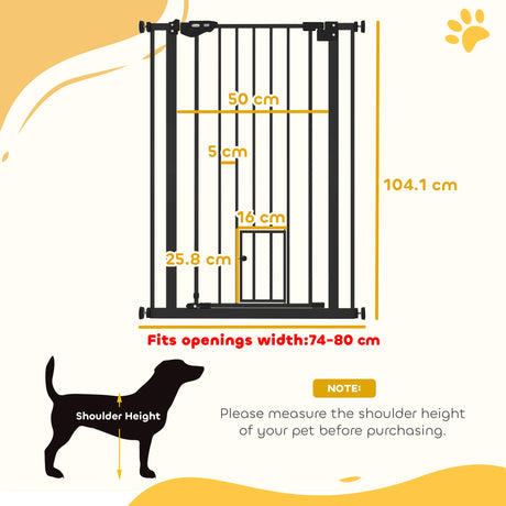 PawHut Extra Tall Pet Gate, Indoor Dog Safety Gate, with Cat Flap, Auto Close, 74-80cm Wide - Black