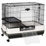 PawHut 2 Tier Rolling Small Animal Rabbit Cage Chinchillas Hutch Pet Play House with Platform Ramp Removable Tray 80 x 52.7 x 66 cm