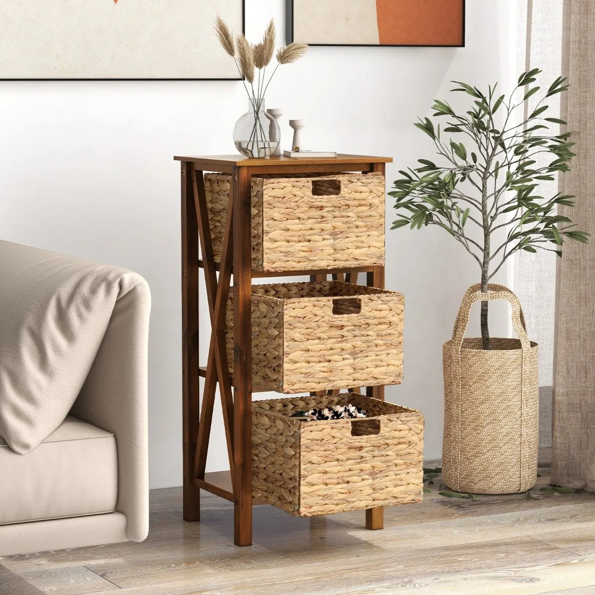 3/4-Tier Nightstand with 2/3 Seagrass Baskets Narrow X-Design-3 Baskets