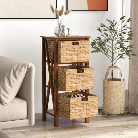 3/4-Tier Nightstand with 2/3 Seagrass Baskets Narrow X-Design-3 Baskets