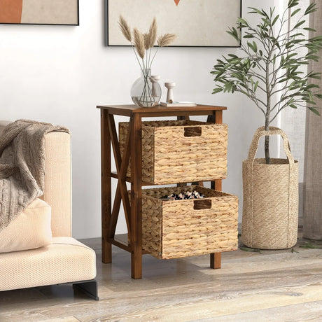 3-Tier Nightstand with 2 Seagrass Baskets Narrow X-Design