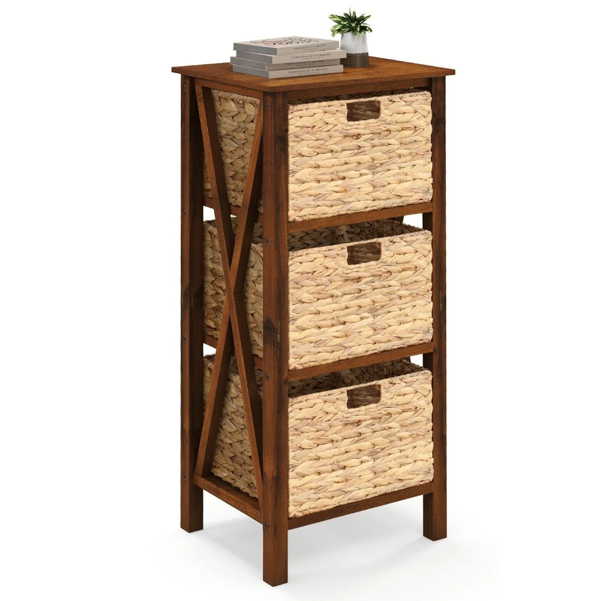 3/4-Tier Nightstand with 2/3 Seagrass Baskets Narrow X-Design-3 Baskets