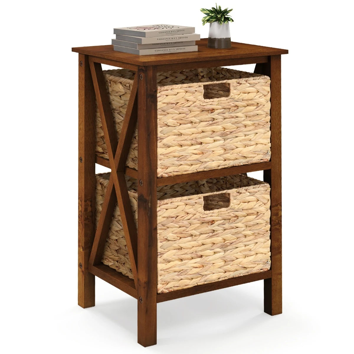 3-Tier Nightstand with 2 Seagrass Baskets Narrow X-Design