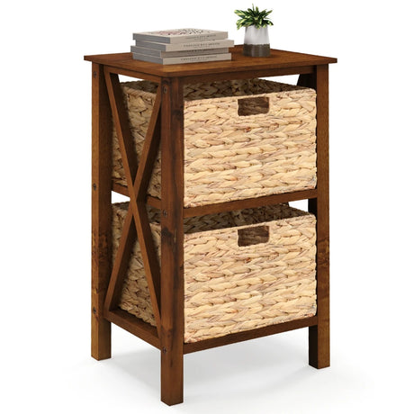 3-Tier Nightstand with 2 Seagrass Baskets Narrow X-Design
