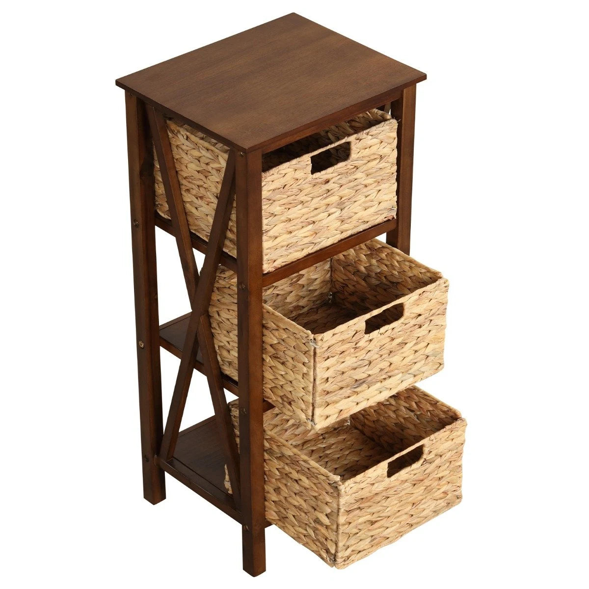 3/4-Tier Nightstand with 2/3 Seagrass Baskets Narrow X-Design-3 Baskets