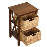 3-Tier Nightstand with 2 Seagrass Baskets Narrow X-Design