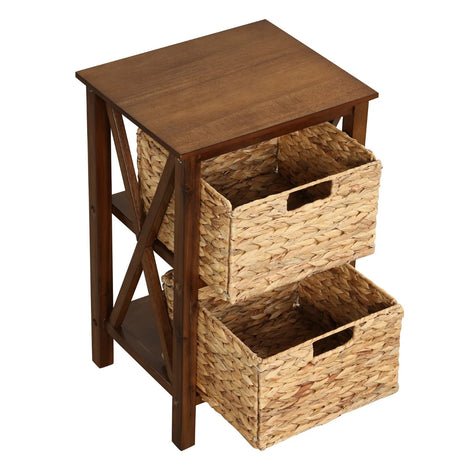 3-Tier Nightstand with 2 Seagrass Baskets Narrow X-Design