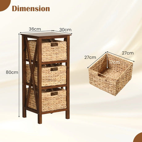 3/4-Tier Nightstand with 2/3 Seagrass Baskets Narrow X-Design-3 Baskets